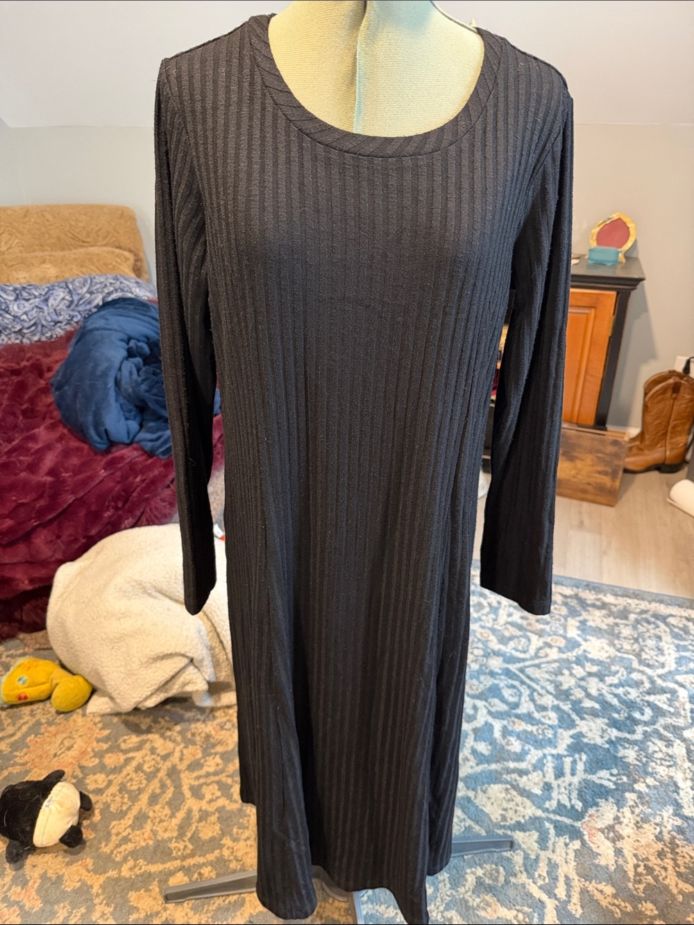 Susan Graver Black Long Sleeve Ribbed Dress